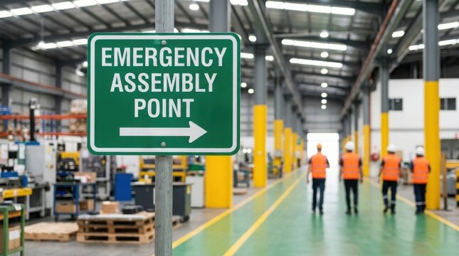 Emergency assembly point sign in a large industrial warehouse factory