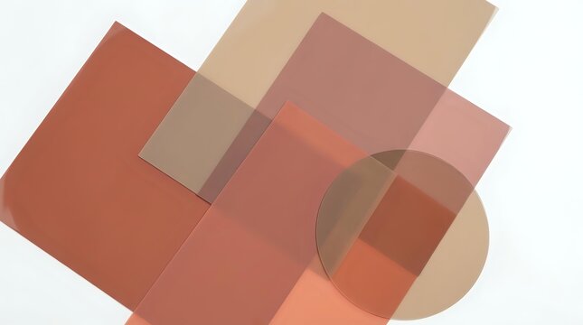 Abstract geometric composition with overlapping translucent rectangles and circles in warm terracotta, rust, and beige tones. Suitable for modern design, backgrounds, and contemporary art projects.