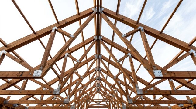 Low angle view of a wooden roof truss structure under construction.