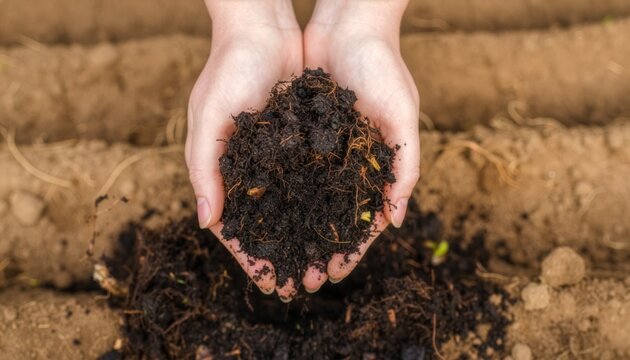 Top down view of cupped human hands holding dark organic soil with roots above farm furrows. Perfect for topics on agriculture development, soil quality, and spring planting.