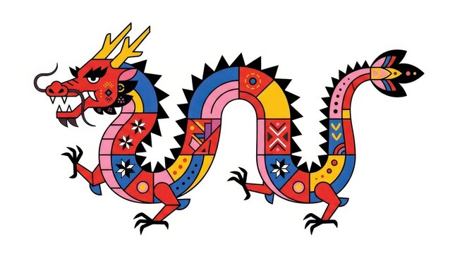 Vibrant Stylized Chinese Dragon Vector Art with Traditional Folk Patterns Isolated on White Background