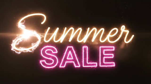 Glowing neon summer sale sign with yellow script and pink block letters on a black background.
