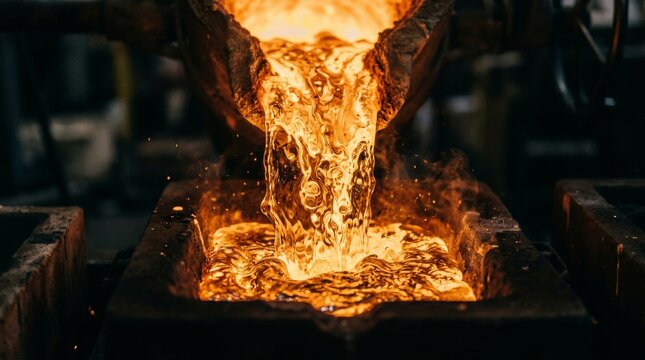 Molten metal pouring into a casting mold in an industrial foundry.