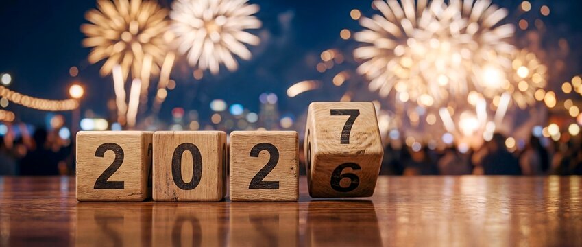 Midnight New Year Celebration - 2027 Wooden Blocks Over a Sparkling City and Fireworks