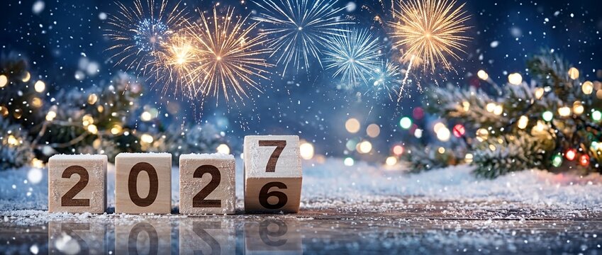 Winter New Year Celebration - Snowy 2027 Blocks with Colorful Lights and Fireworks