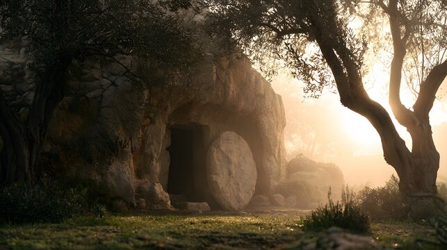 Empty tomb of jesus christ with stone rolled away at sunrise in a peaceful garden