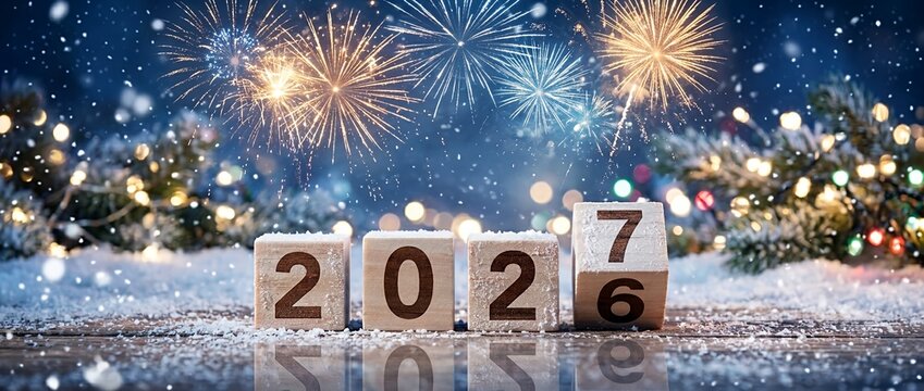 Festive Snowy New Year Celebration - 2027 Blocks and String Lights under Night Skies