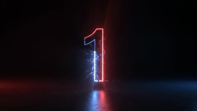 Glowing neon number one with electric sparks on a dark background representing leadership and success.
