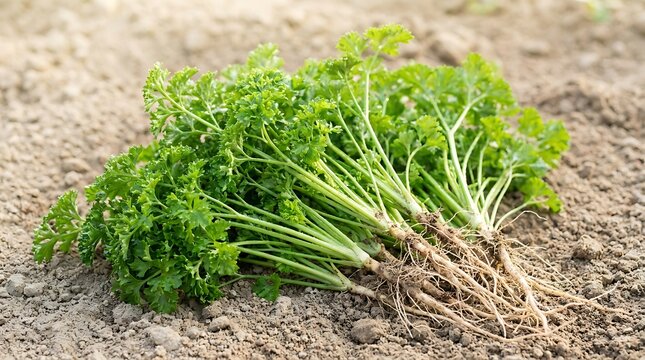 Fresh green cilantro bunches with roots lying on the ground after being harvested from the farm garden