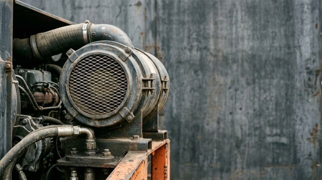 Old weathered diesel engine air filter and machinery components.
