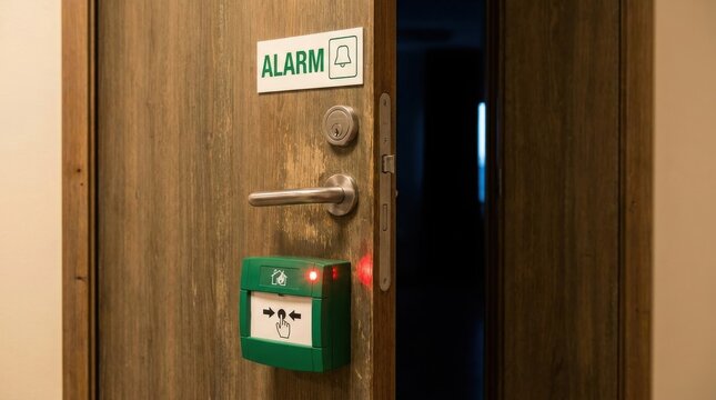 Emergency fire alarm button on a wooden door with an alarm sign