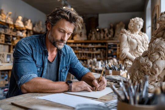 Artist creates sculpture sketches in a busy art studio during the day