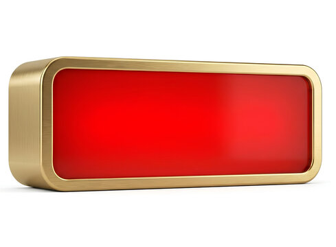 Shiny rectangular red button with gold metallic border frame isolated on transparent background