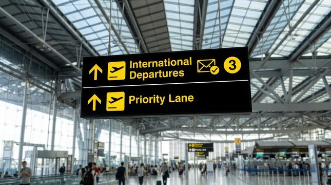 Airport sign for international departures and priority lane