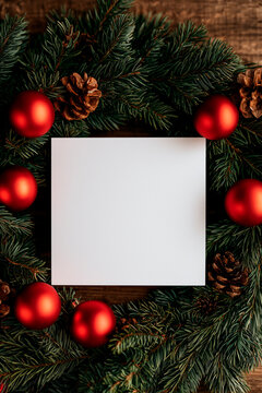 Overhead View of Blank Square Paper in Coniferous Christmas Wreath
