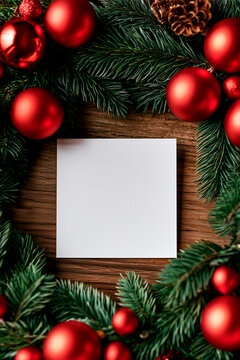 Overhead View of Blank Square Paper in Coniferous Christmas Wreath