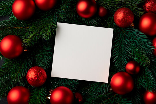 Overhead View of Blank Square Paper in Coniferous Christmas Wreath