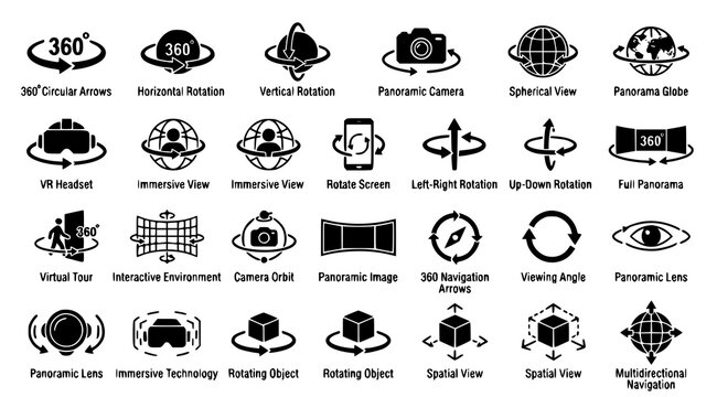 360 degree view rotation and virtual reality icon set with panoramic navigation black flat vector symbols