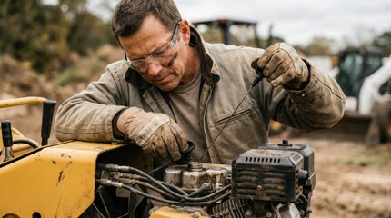 Fototapeta premium Professional Mechanic Repairing Yellow Heavy Construction Machinery Equipment Outdoors.