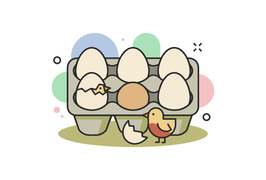 6 Eggs in a Carton with Cute Baby Chicks Hatching Vector Illustration in Flat Line Art Style