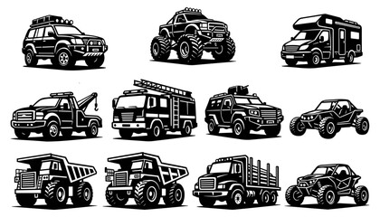 Heavy vehicle black silhouette vector set featuring offroad SUV monster truck camper tow truck fire engine dump truck and buggy © Marfot