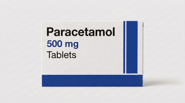 Paracetamol 500mg tablets medication box on plain white background