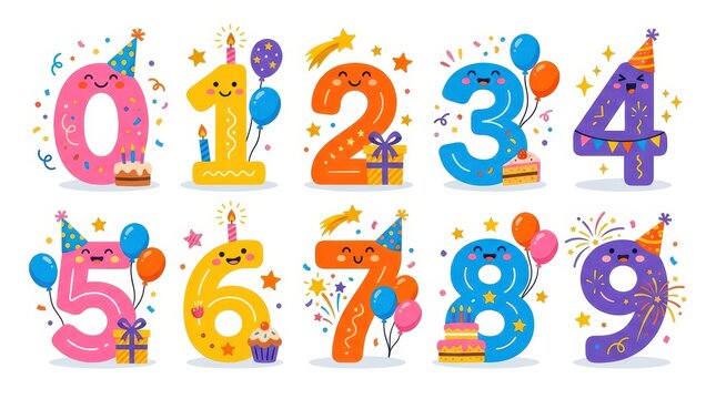 Colorful Birthday Number Set 0-9 with Cute Faces, Party Hats, Balloons, and Cakes for Kids Celebration Invitations