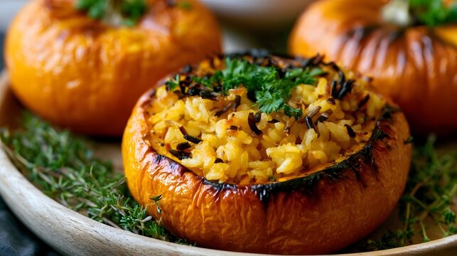 Baked pumpkin halves filled with rice and herbs  garnished with fresh parsley on a wooden plate
