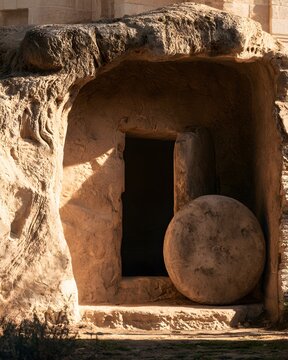 Ancient rockcut tomb with a large circular stone door partially open in a desert landscape