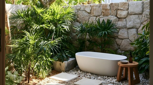 A modern freestanding bathtub nestled among lush tropical plants and a stone wall in an outdoor garden setting