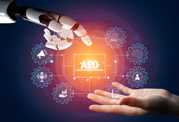 Obraz premium Futuristic Interaction Between Human Hand and Robotic Hand Representing Advanced Technology Integration and Automation in Modern Industry. Glyphic.