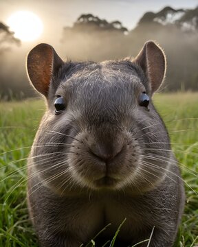 A deep brown northern hairy nosed wombat  genetic hybrid experiment fantasy animal, fictional species in a celestial gate mea
