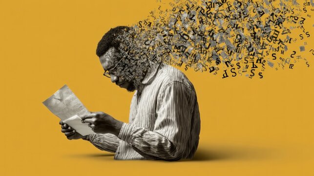 Man reading document dissolving into data