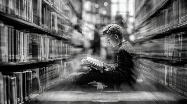 Reader studying in library stacks