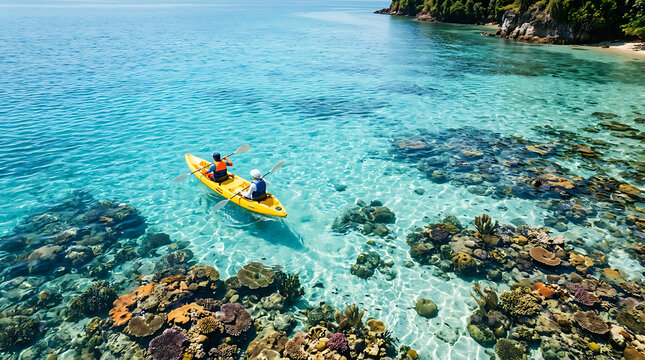 Aerial Top View of People Kayaking Over Vibrant Coral Reef in Clear Ocean