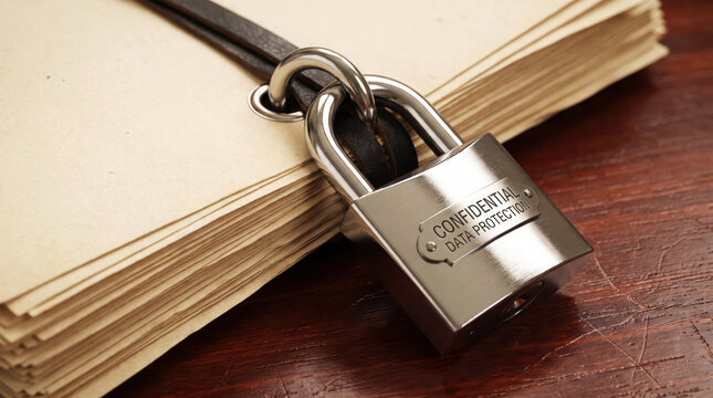 Steel padlock securing confidential data protection documents on wooden desk