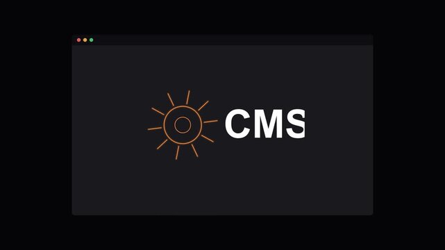 CMS content management system text with a rotating neon gear on a dark screen, orange neon