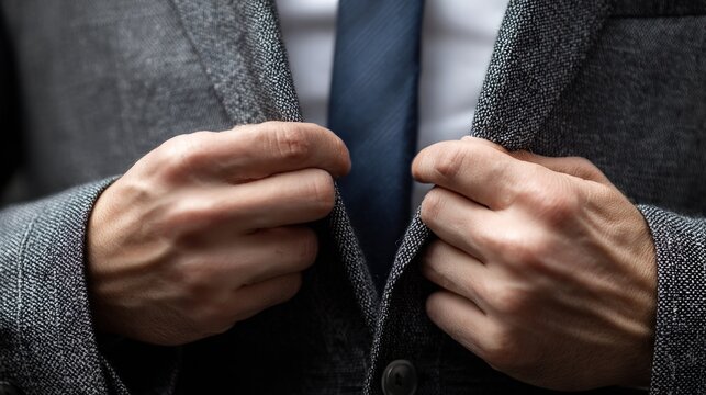 Man clutching suit lapels anxious expression