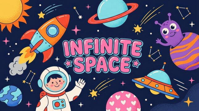 Colorful Cartoon Space Illustration with Astronaut, Rocket, Alien and UFO - Infinite Space Theme