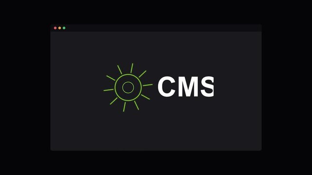 CMS content management system text with a rotating neon gear on a dark screen, lime green neon