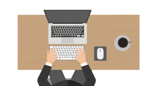 Top View Illustration of Businessman Working on Laptop at Wooden Desk with Coffee and Keyboard - Modern Workspace and Remote Work Concept