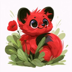 Naklejka premium A cute fox with big eyes sits in vibrant green leaves near red flowers. The scene shows a playful animal in a lively environment.