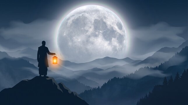 Silhouette of a person holding a lamp against a large full moon amavasya bhadrapada amavasya