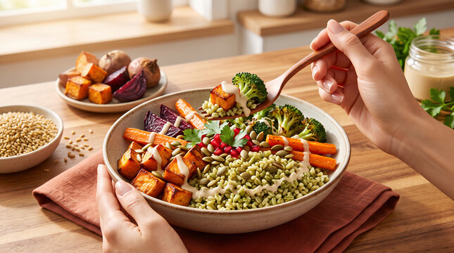 Freekeh and Roasted Vegetable Bowl &ndash; Nutty Green Wheat Grain with Tahini Dressing