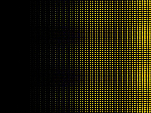 Abstract yellow halftone dot pattern on a black background, featuring a gradual transition from tiny sparse points to larger dense circles. Modern geometric texture with strong contrast.