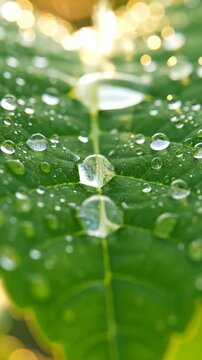 Fresh morning dew drops on a vibrant green leaf with soft sunlight bokeh background.