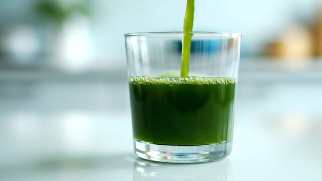 Fresh green vegetable juice being poured into a glass for a healthy morning detox routine.