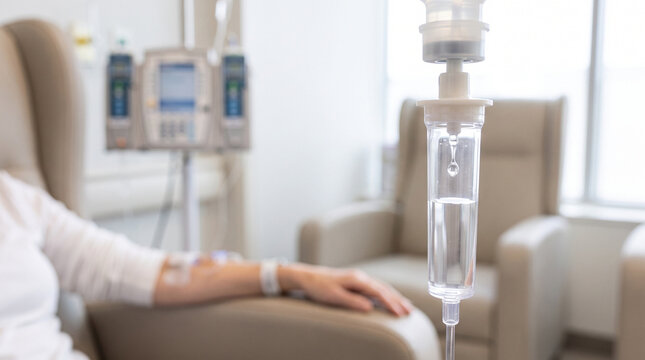 Patient receiving IV infusion in clinic chair with drip stands in background, showing chemotherapy treatment