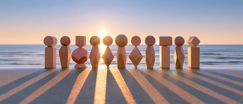 Wooden figures stand in a line on a beach