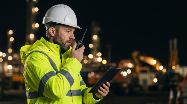 Industrial worker safety helmet jacket construction night walkie talkie tablet communication male worker high visibility safety helmet jacket using walkie talkie and tablet night construction site